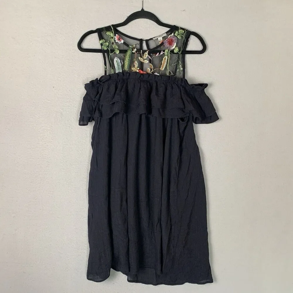 UMGEE Dress Womens S Black Floral Embroidered Off the Shoulder Gauzy Whimsigoth - Picture 2 of 7
